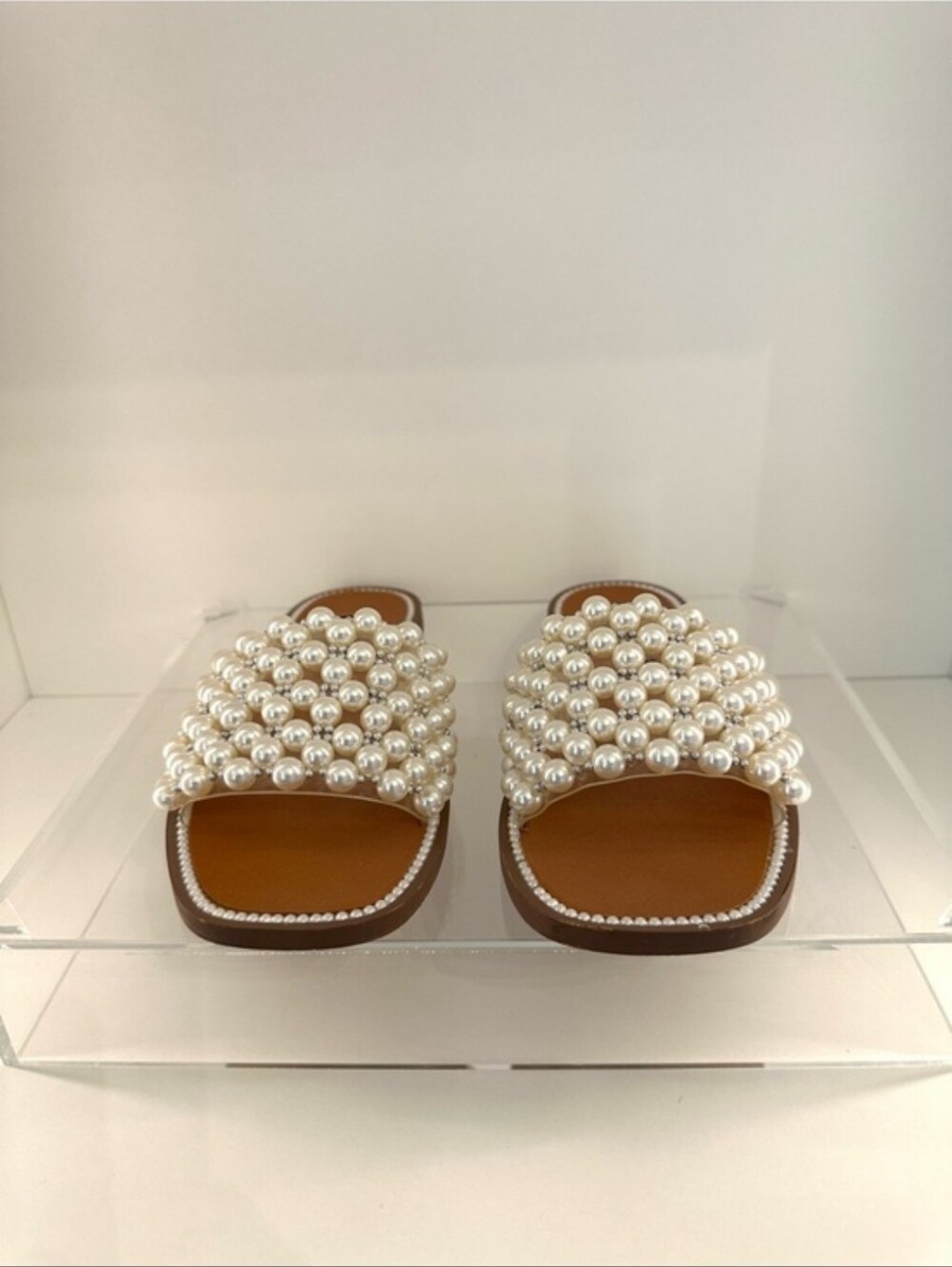 AQUA Pearl-Embellished Tan Slide Sandals - Picture 3 of 6